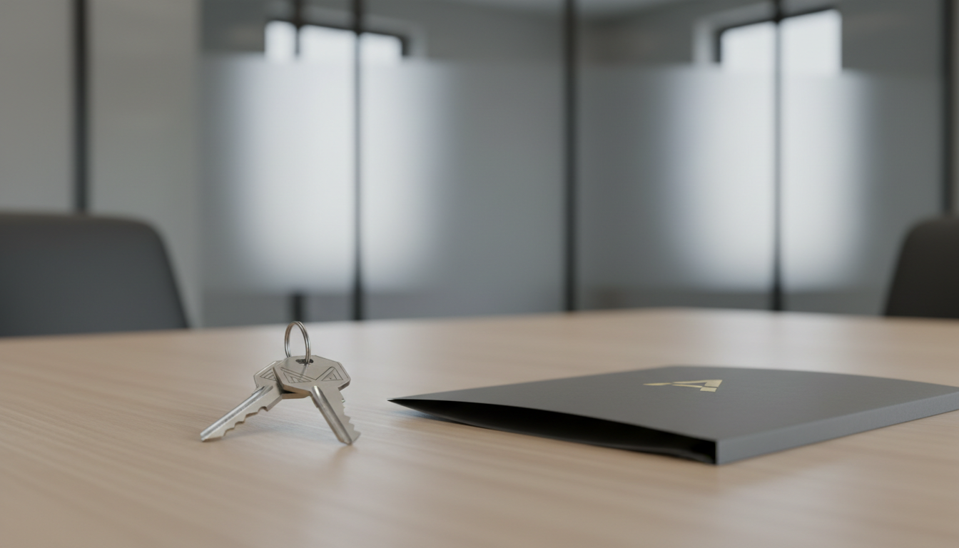 A set of minimalist apartment keys made of brushed stainless steel with etched geometric details, resting on a smooth ash wood tabletop next to a folded charcoal-gray contract folder featuring a discreet gold-embossed logo. The setting is a corporate boardroom with a neutral palette, accented by frosted glass walls in the background, softly blurred. Gentle, diffused afternoon light enters from an unseen source, casting subtle, directional shadows and soft glints on the metal keys. The mood is secure, trustworthy, and refined. The composition is slightly off-center, captured at a shallow angle for depth. The image conveys a clean, structured, and professional photographic style suitable for real estate transactions.