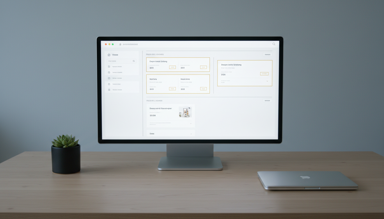 A sleek digital interface mockup displaying a custom real estate dashboard, with clean white panels, subtle slate gray dividers, and soft golden highlights on featured listings. The interface sits on a tidy Scandinavian-style desk, accessorized with a small matte black planter and a closed silver laptop. Cool, even ambient lighting from overhead fixtures creates gentle, shadow-free surfaces. The mood is efficient and modern, suggesting effortless property management. Captured from a top-down, centered viewpoint, the composition uses rule of thirds for visual interest, maintaining a clean, structured, and contemporary photographic style to support tech-driven real estate services.