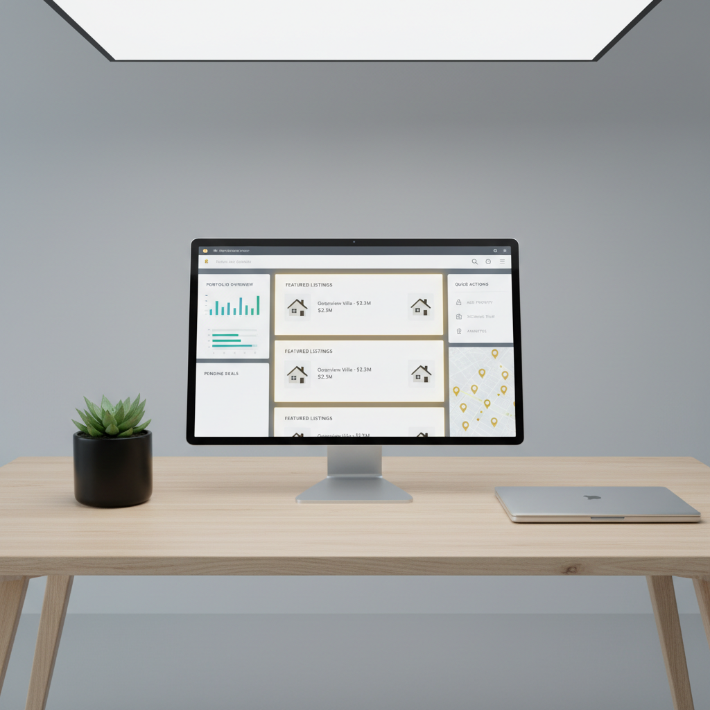 A sleek digital interface mockup displaying a custom real estate dashboard, with clean white panels, subtle slate gray dividers, and soft golden highlights on featured listings. The interface sits on a tidy Scandinavian-style desk, accessorized with a small matte black planter and a closed silver laptop. Cool, even ambient lighting from overhead fixtures creates gentle, shadow-free surfaces. The mood is efficient and modern, suggesting effortless property management. Captured from a top-down, centered viewpoint, the composition uses rule of thirds for visual interest, maintaining a clean, structured, and contemporary photographic style to support tech-driven real estate services.