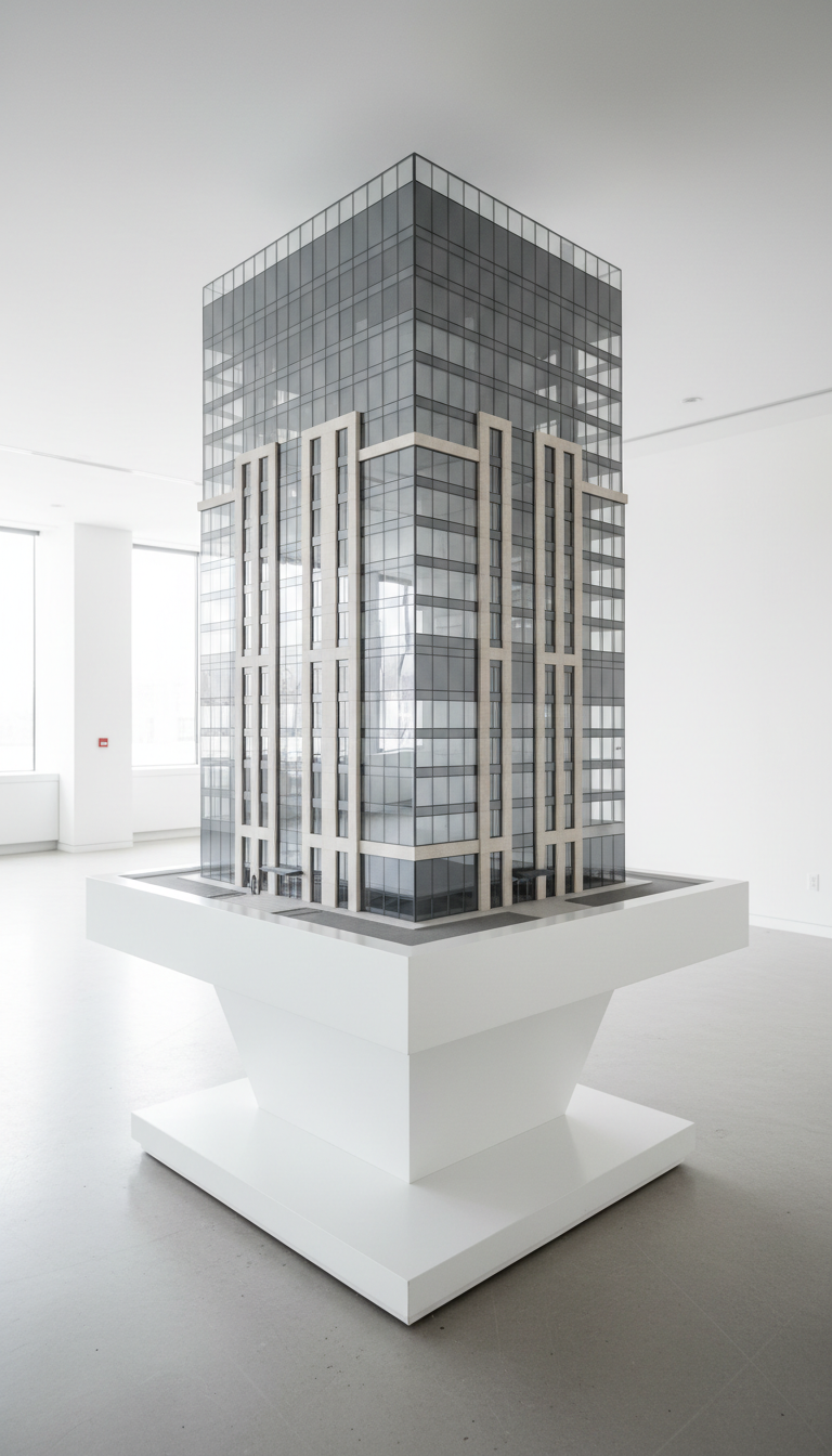 A modern, high-gloss architectural model of a smart apartment building, featuring seamless glass surfaces and neutral stone accents. The structure is displayed atop a pristine, structured display stand within a minimalist office environment. Lighting is crisp, diffused daylight from large invisible windows, generating soft highlights along clean lines and casting subtle, gentle shadows on the pale concrete floor. The mood is polished and professional, evoking trust and confidence. Photographed from a slightly elevated eye-level angle with sharp clarity throughout, the composition is balanced and symmetrical, aligning with a corporate, photographic realism that complements a professional real estate platform.